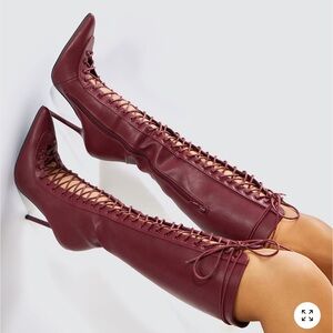 Women's Burgundy Lace-Up Knee-High Boots